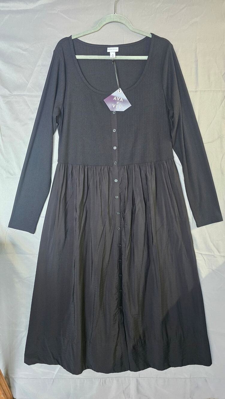 Ava & Viv Dress Womens 1X Black Scoop Neck Long Sleeve Fit & Flare Button Front